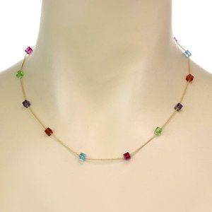 14k YGold Multicolor Gems Cube Charms Necklace